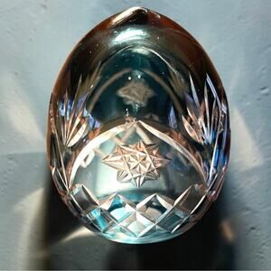Blue Cut to Clear Starburst Floral Pattern Egg Hollow Paperweight Glass Crystal